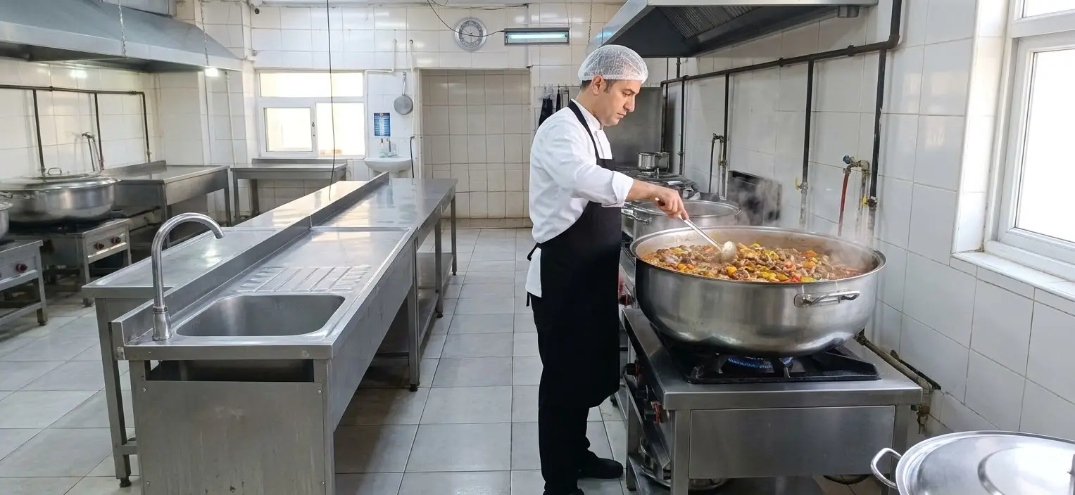 Aşçı buharı tüten kazanda sulu yemeği karıştırıyor