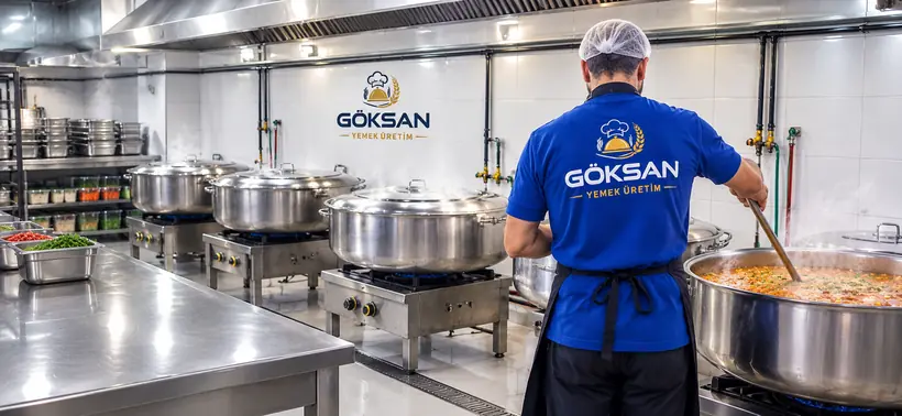 Göksan tişörtlü aşçı büyük kazanda sebzeli yemeği karıştırıyor